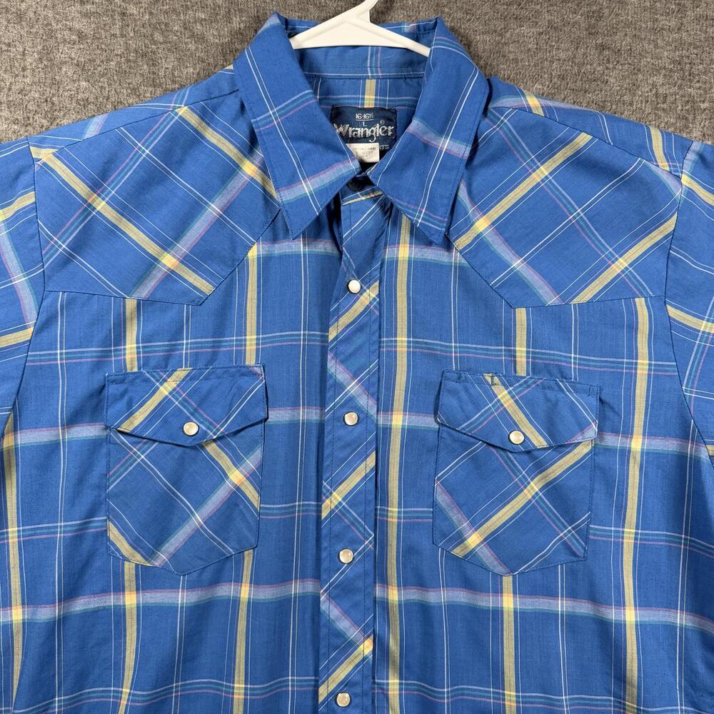 VTG Wrangler Shirt Mens Large Blue Plaid Western Pearl Snap Short Sleeve Cowboy